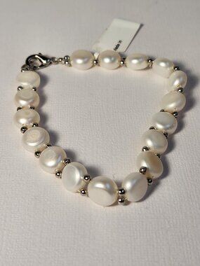 NWT VTG Genuine freshwater cultured pearl Rhodium Bracelet 7.5"